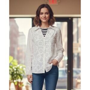 Weavz Linen Top Long Sleeve Women's White Geometric Button Up Preppy Size M? NWT